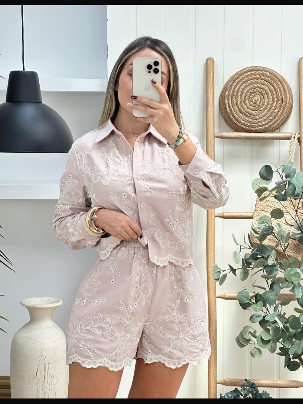Embroidered Pink Eyelet Short Set